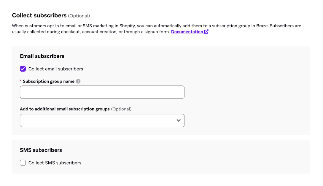 “Collect subscribers” section with option to collect email or SMS marketing opt-ins.