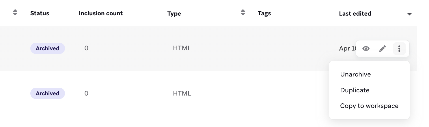 Saved Content Blocks panel where the settings dropdown menu for "Test_32" is expanded to show three options: Unarchive, Duplicate, and Copy to workspace