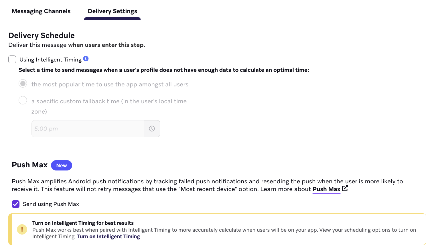 Delivery Settings tab of an Android Push Message step with the option to "Send using Push Max".